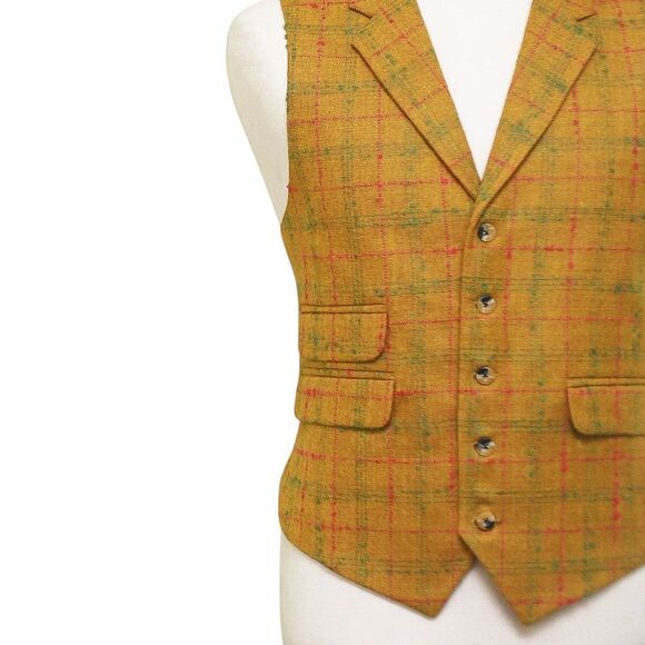 Mens Vest 44R Plaid Yellow Green Red Wool Lapel Waistcoat Formal Wedding Party - Picture 7 of 9